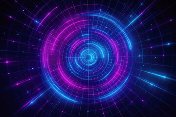 Neon concentric circles radiating outwards with grid lines abstract background