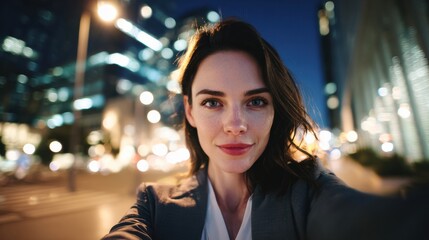 Selfie of business woman in blazer with blurred night city street and traffic in background.