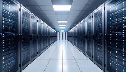 Server room interior.  Empty server rack corridor