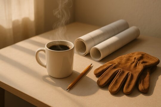 Labor Day cup of black coffee, rolled-up blueprints, a pencil, and work gloves on a minimalist desk