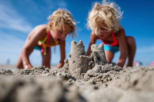 siblings building sandcastle on beach, bright swimwear, summer sky,  vibrant daylight - Powered by Adobe