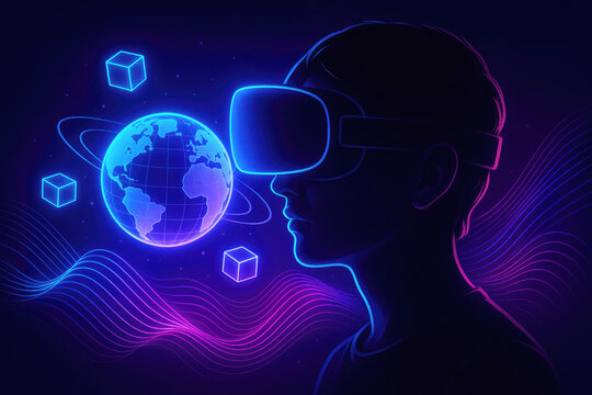 Person experiencing virtual reality with glowing digital globe and cubes augmented reality - Powered by Adobe