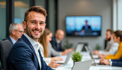 Confident businessman smiling in modern office meeting room