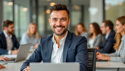 Confident businessman smiling in modern office meeting room