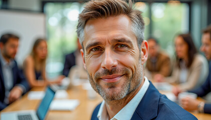 Confident businessman smiling in modern office meeting room