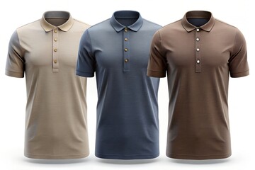 Three mens polo shirts in beige blue and brown with buttoned placket on white