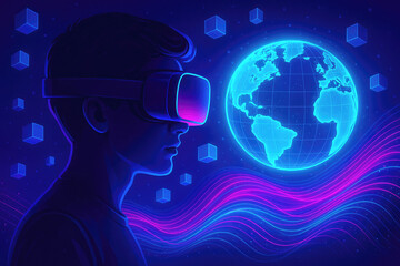 Person wearing virtual reality headset interacting with glowing digital earth surrounded by cubes and neon waves
