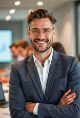 Confident businessman smiling in modern office meeting room
