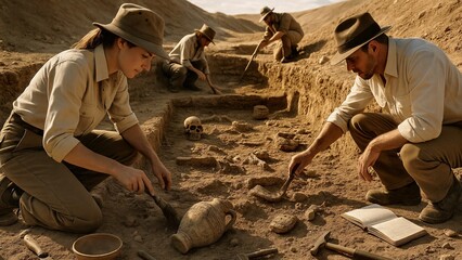 Group of archaeologists carefully excavating an ancient burial site, uncovering a human skeleton and various artifacts, meticulously documenting their findings