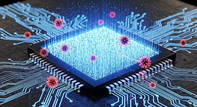 Cyber Attack: Viruses Infecting Computer Chip Technology (AI Generated)