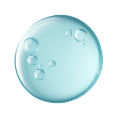Close up of a clear blue liquid drop with small bubbles isolated on transparent background