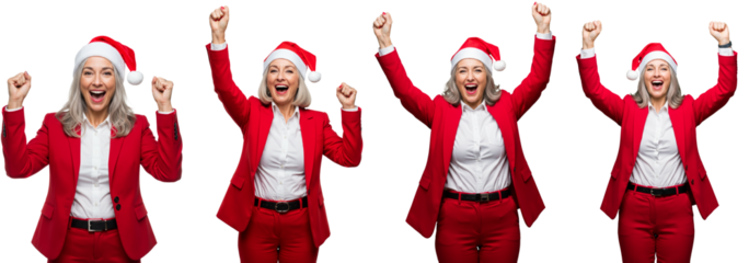 executive woman, ceo, red suit, christmas hat, woman santa claus, business entrepreneur, celebrating, gray background