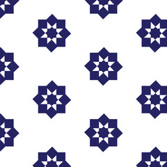 Seamless Monochrome Floral Backdrop Islamic Pattern With Hand Drawn Geometric Navy Blue Starburst Star In Retro Graceful Style. Trend Print For Textiles And Wallpaper On Isolated Background
