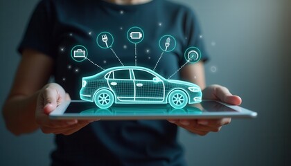 Futuristic illustration of a digital car hologram above a tablet, featuring automotive tech icons. Concept of smart vehicle innovation and digital transformation in the auto industry.