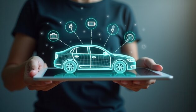 Futuristic illustration of a digital car hologram above a tablet, featuring automotive tech icons. Concept of smart vehicle innovation and digital transformation in the auto industry.