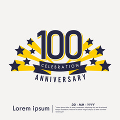 100th years anniversary celebration emblem. congratulations anniversary logo isolated with ribbon and starbursts on white background. vector illustration template design for web banner