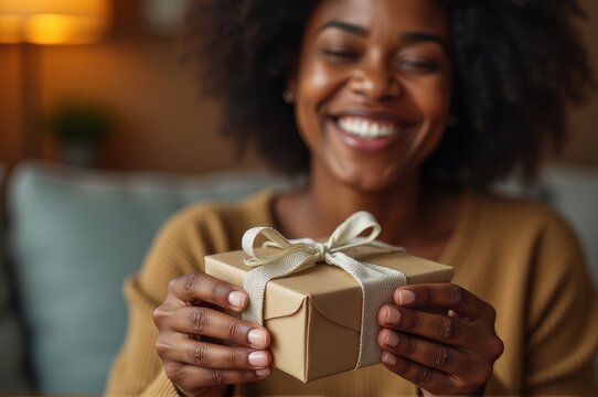 smiling young african american woman holding beautifully wrapped gift with ribbon. concept of joy, surprise, and giving. warm, intimate moment. gift-giving, celebration, lifestyle - Powered by Adobe