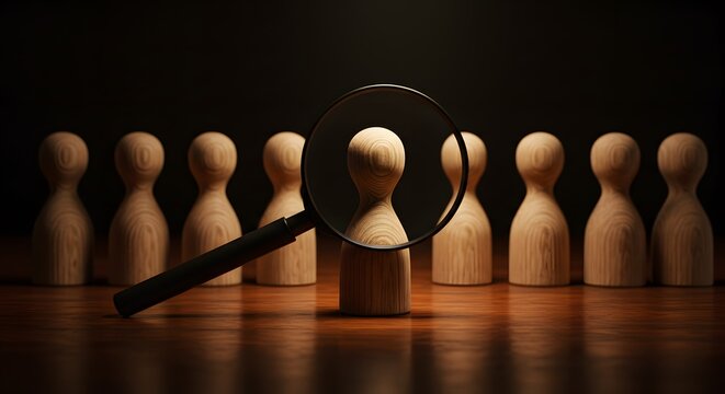 A magnifying glass focuses on a dark-skinned wooden figure among lighter-skinned ones, symbolizing the importance of diversity and inclusion in selection processes. Generated AI