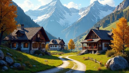 Fototapeta premium Serene mountain village homes nestled amongst autumn foliage and snow-capped peaks, winding path leads to picturesque dwellings