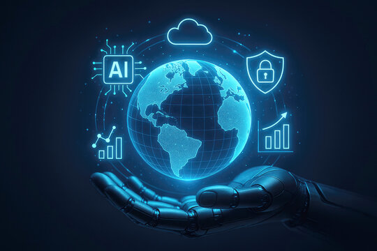 Robotic hand holding futuristic glowing earth surrounded by digital icons artificial intelligence
