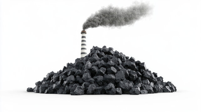 Factory chimney on pile black coal isolated on white background.