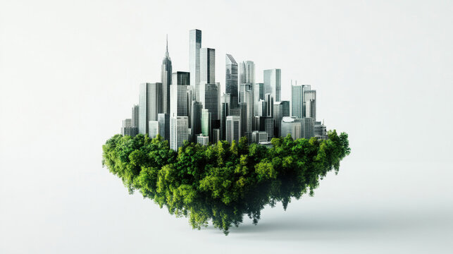 floating island with green grass field and cityscape, surreal flying island with skyline city building, Eco green city concept, 3D illustration - Powered by Adobe