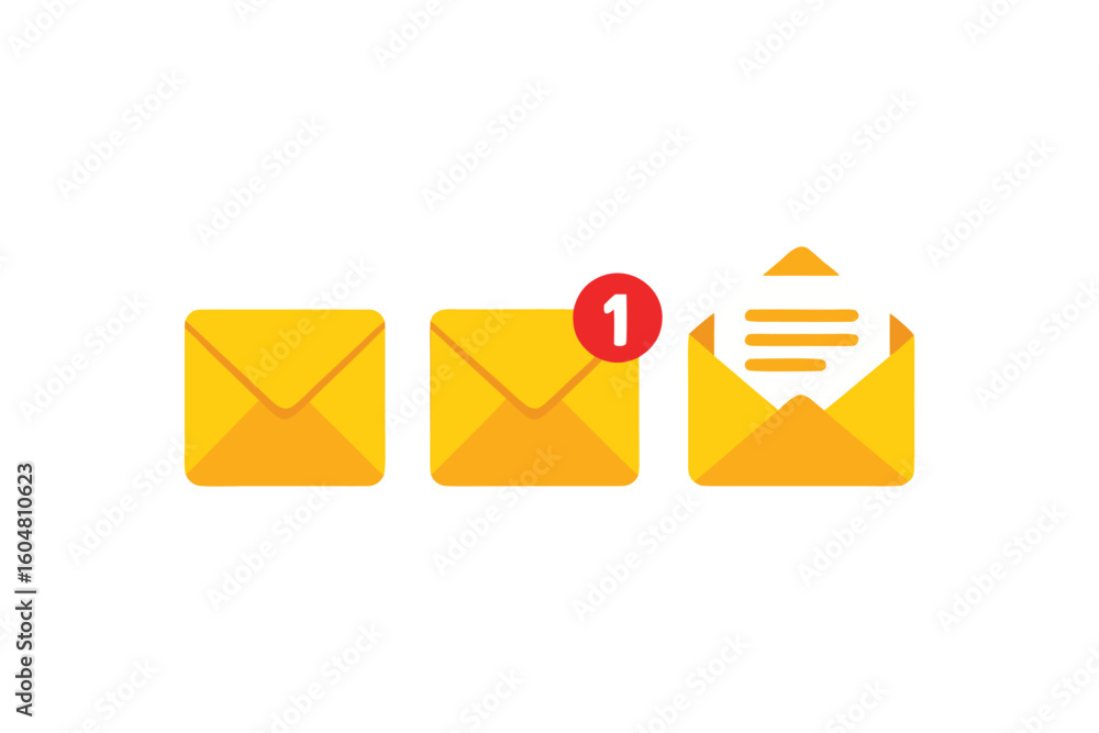 Poster three email icons showing different states of mail, unread messages, and open mail in a simple and m