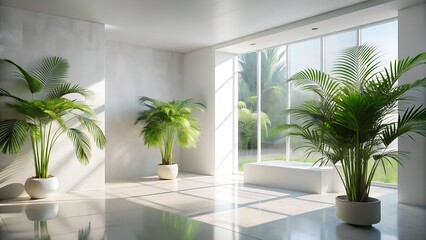 Fototapeta premium Modern minimalist bright interior design: sunlit room with potted palm plants and white platform.