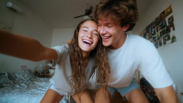 Selfie of laughing young teenage couple in light bedroom.