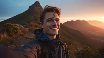 Naklejka premium Selfie of happy young man on hike with mountain peaks in background at sunrise.