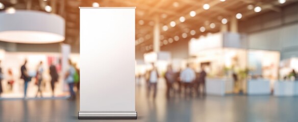 The empty promotional banner ready for branding at a busy exhibition event.
