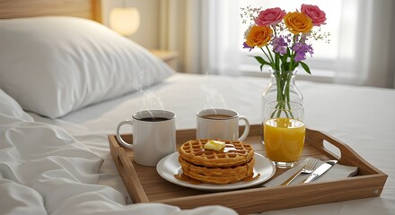 Romantic morning surprise with a delicious breakfast tray of waffles and coffee on a cozy white bed.