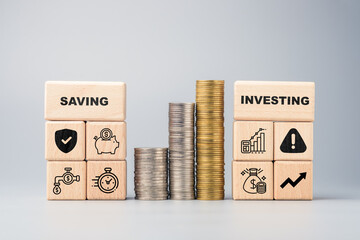 Comparison between saving and investing using wooden blocks and coin stacks, highlighting safety, risk, growth, and financial planning strategies
