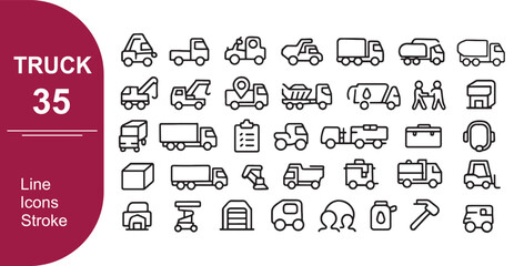 Naklejka premium Truck Icons 35 Minimal Outline Cargo and Transport Symbols