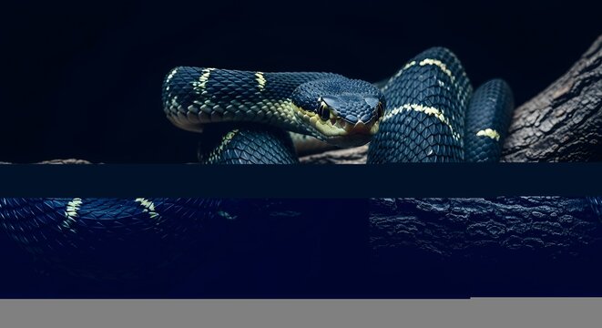 Coiled dark-scaled snake with yellow markings stares intently while resting on a rugged tree branch, illuminated dramatically against a black background to emphasize its texture, color, and intensity.