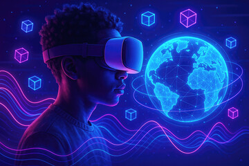 Young person experiencing virtual reality with glowing earth and cubes metaverse