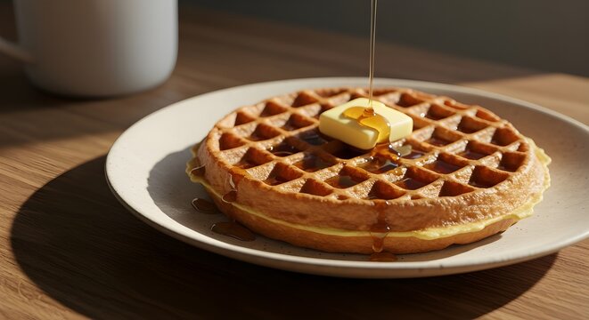 Pouring maple syrup on a delicious Belgian waffle with butter for a classic morning breakfast.