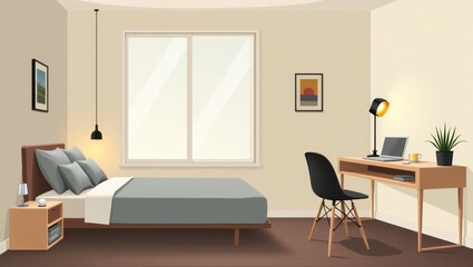 A bedroom interior scene with a bedside table, bed, and a corner desk.