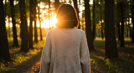 A woman with short hair walks along a tranquil forest path, facing the golden light of the setting sun.