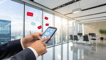 A person in a suit using a smartphone in a modern office with email icons floating in the air symbolizing digital communication and business connectivity