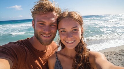 Selfie of smiling couple with beach and ocean waves behind them on sunny day.