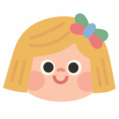 Smiling cartoon girl with blonde straight hair and a colorful bow. Her joyful look and simple flat design are perfect for cute kid characters, school themes, and girl illustrations.