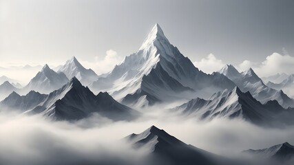 Obraz premium Monochromatic mountain range with a majestic peak rising above a sea of soft, foggy clouds in an abstract alpine landscape.