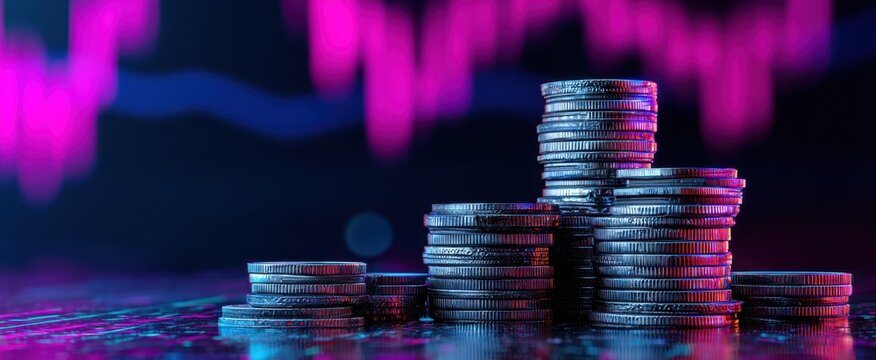 The stack of coins representing investment growth in a digital finance environment.