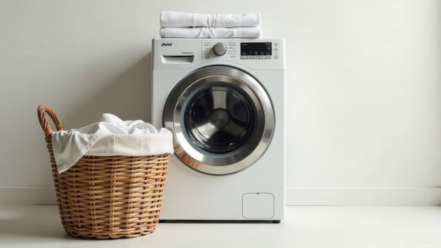 Clean laundry, a wicker basket, and a modern washing machine, showcasing a minimalist home setting for efficient and organized household chores