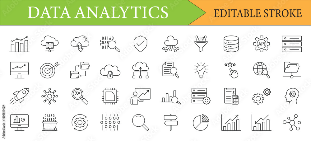 Poster data analytics & big data editable stroke line icon set