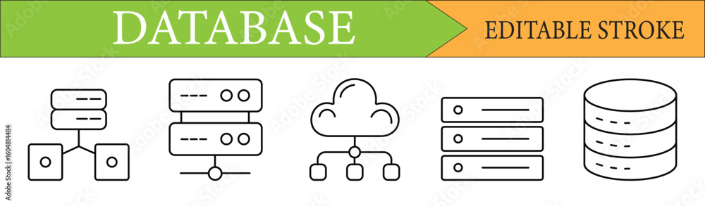 Poster database, server, and cloud computing line icons set