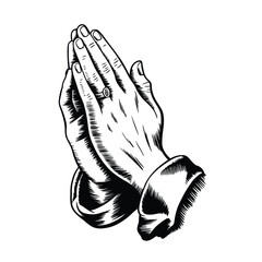 Black and white illustration of praying hands with a ring