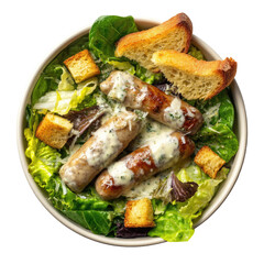 Caesar salad bowl with sausages and croutons