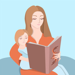 Mom and daughter are reading a book. Vector illustration.